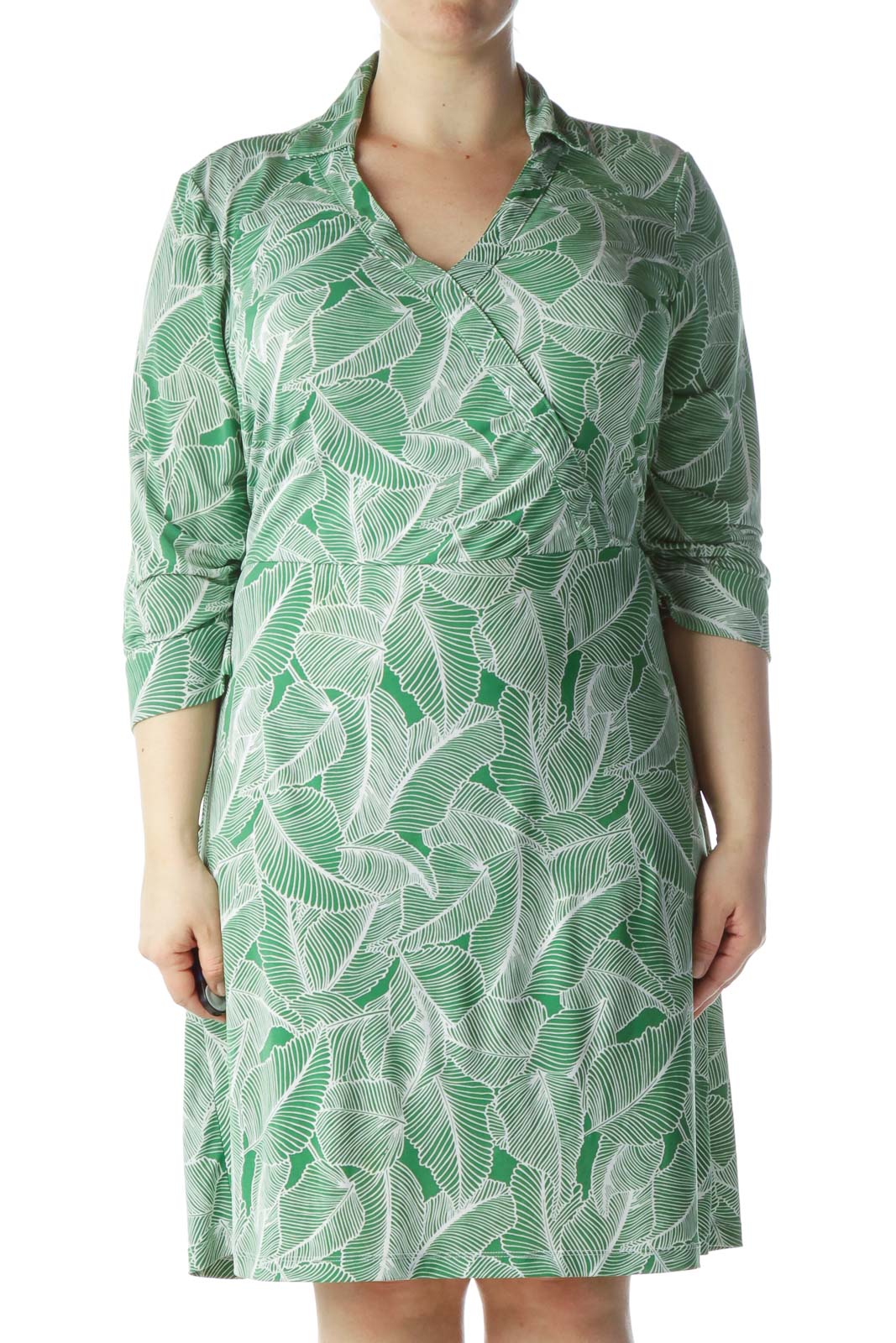 Green White Leaves Print Belted Day Dress