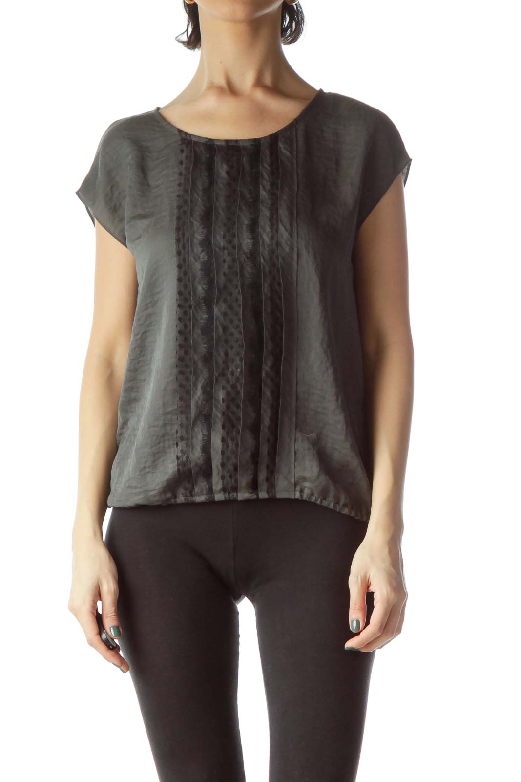 Gray Front Pleats and Lace Sleeveless Blouse