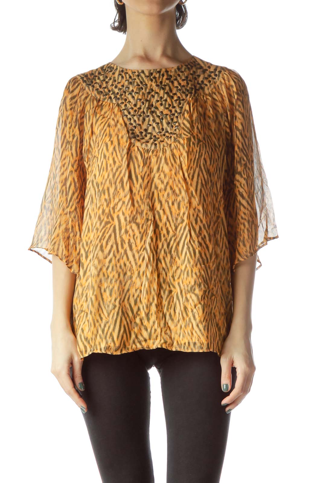 Orange Print Embellished Neck Flared Blouse