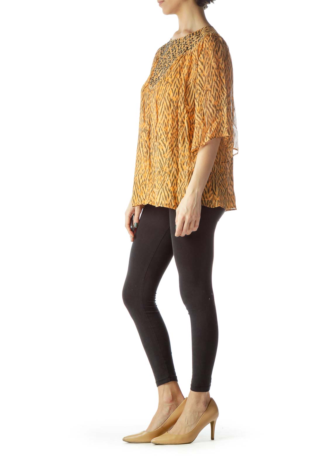 Orange Print Embellished Neck Flared Blouse