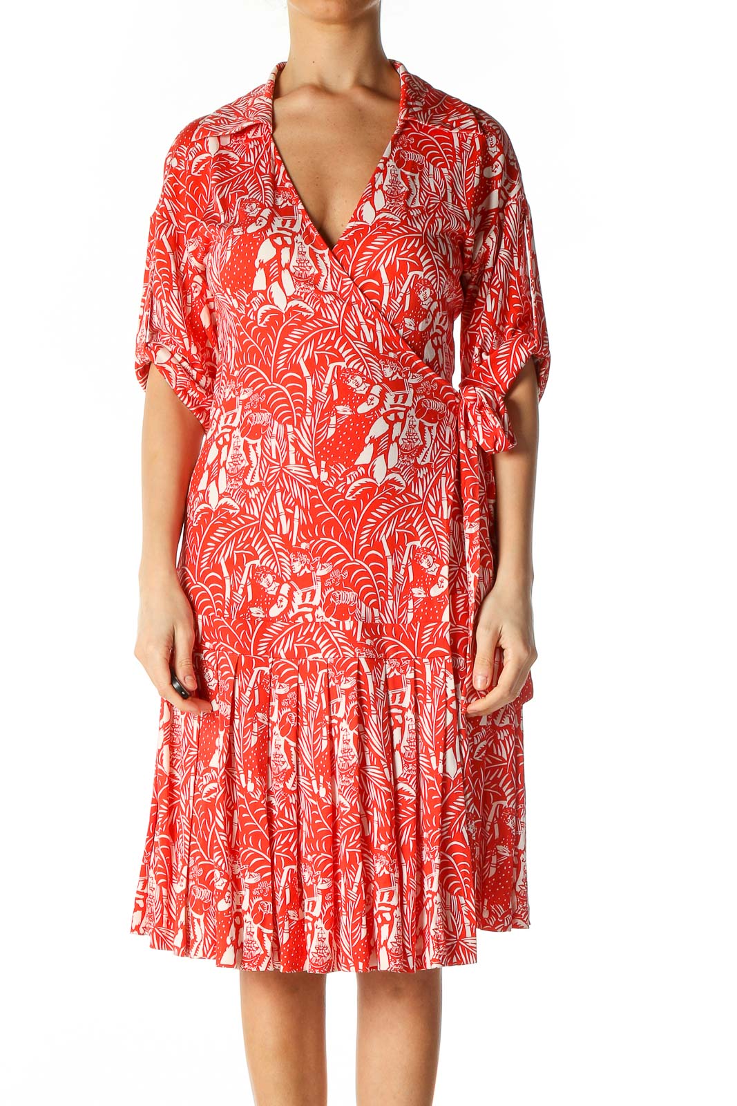 Red White Print 100% Silk Wrap Dress