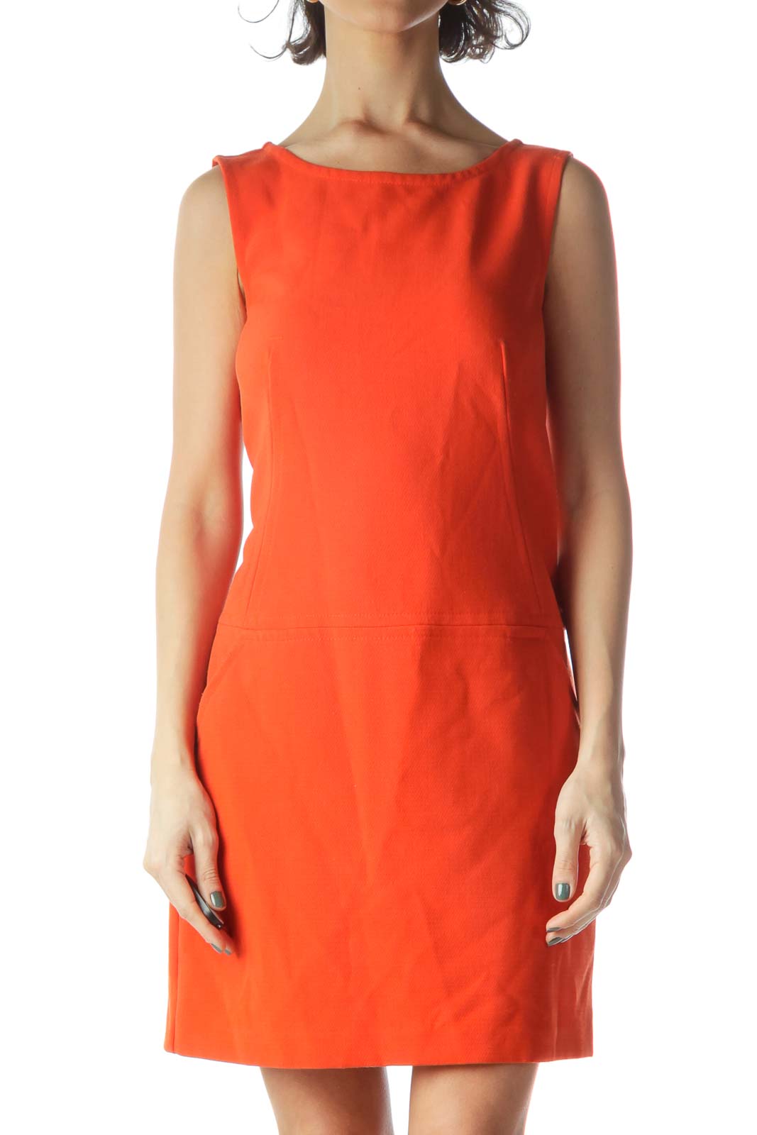 Orange Sleeveless Pocketed Knit Textured Dress