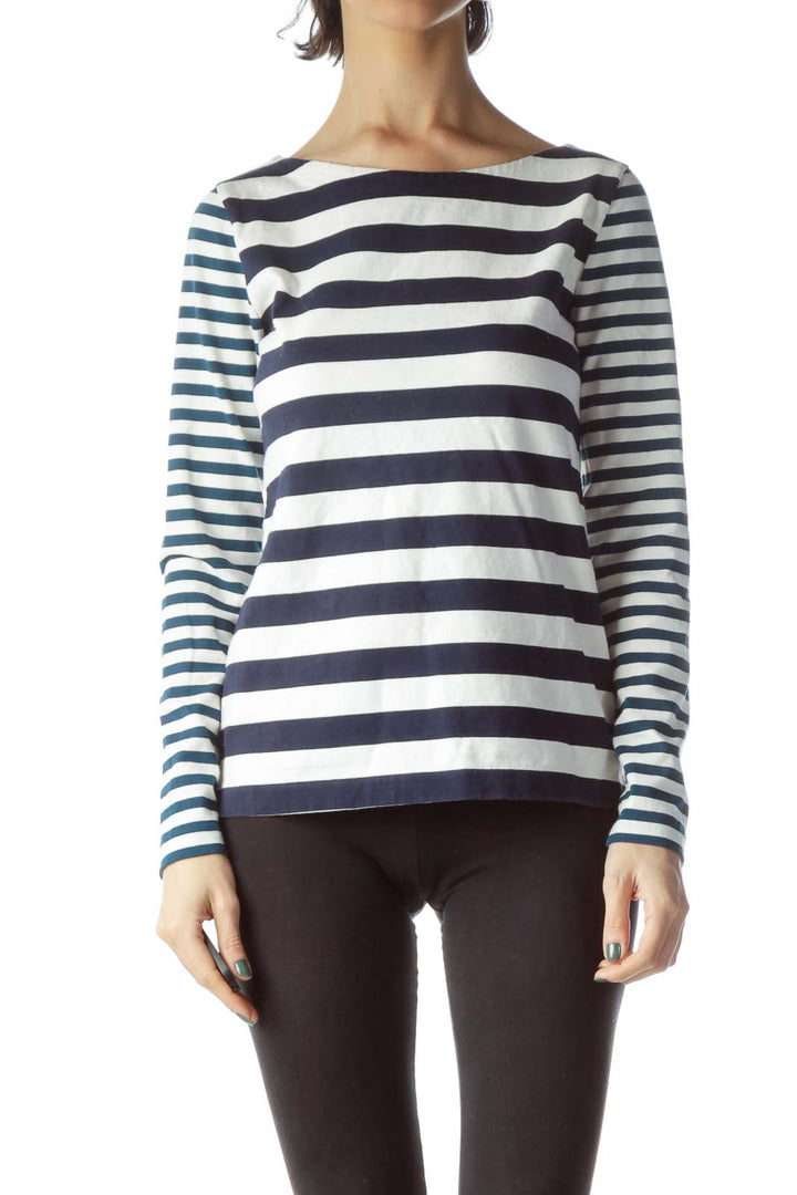 Navy and Teal Blue Cream 100% Cotton Knit Top