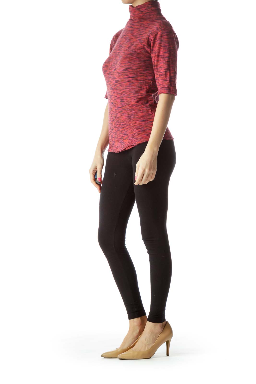 Front view of Free People red marled turtleneck top with elbow-length sleeves