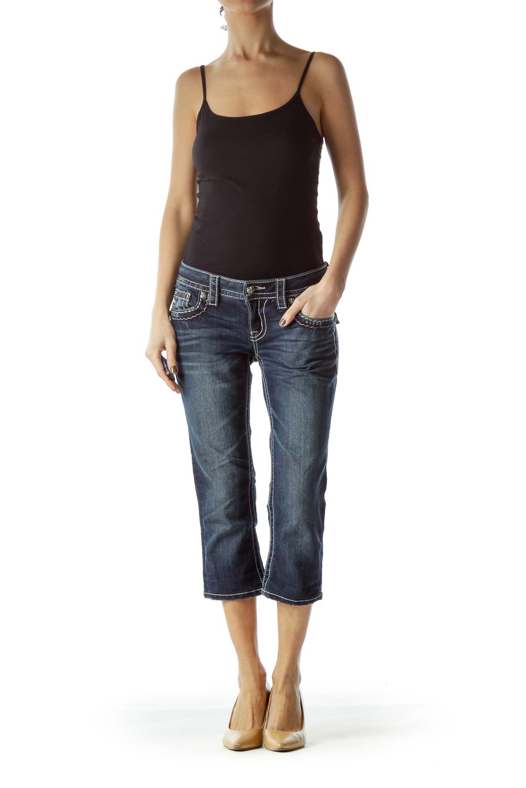 Blue Dark Wash Stitched Capri Denim Jeans
