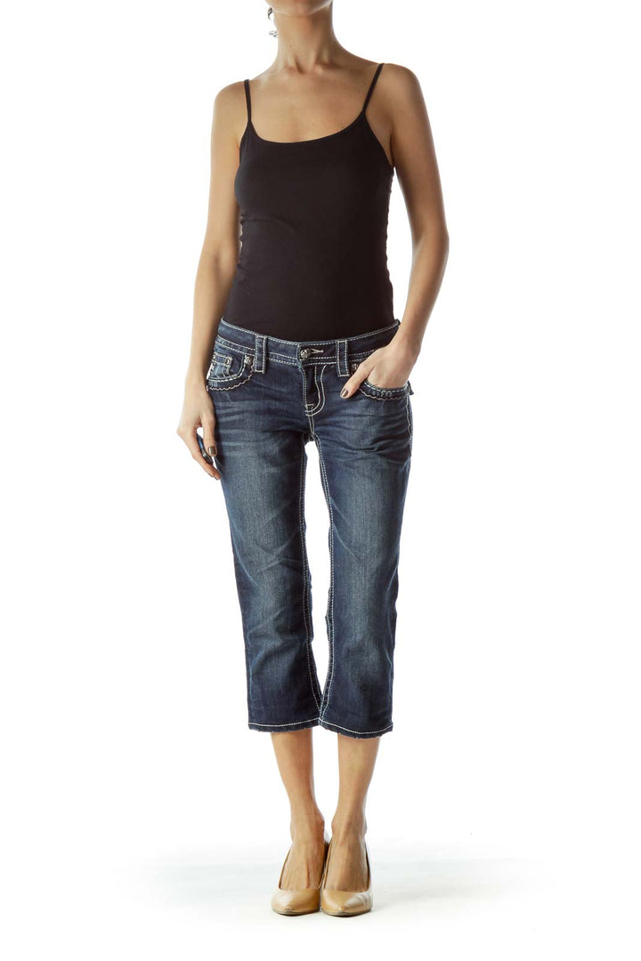 Blue Dark Wash Stitched Capri Denim Jeans