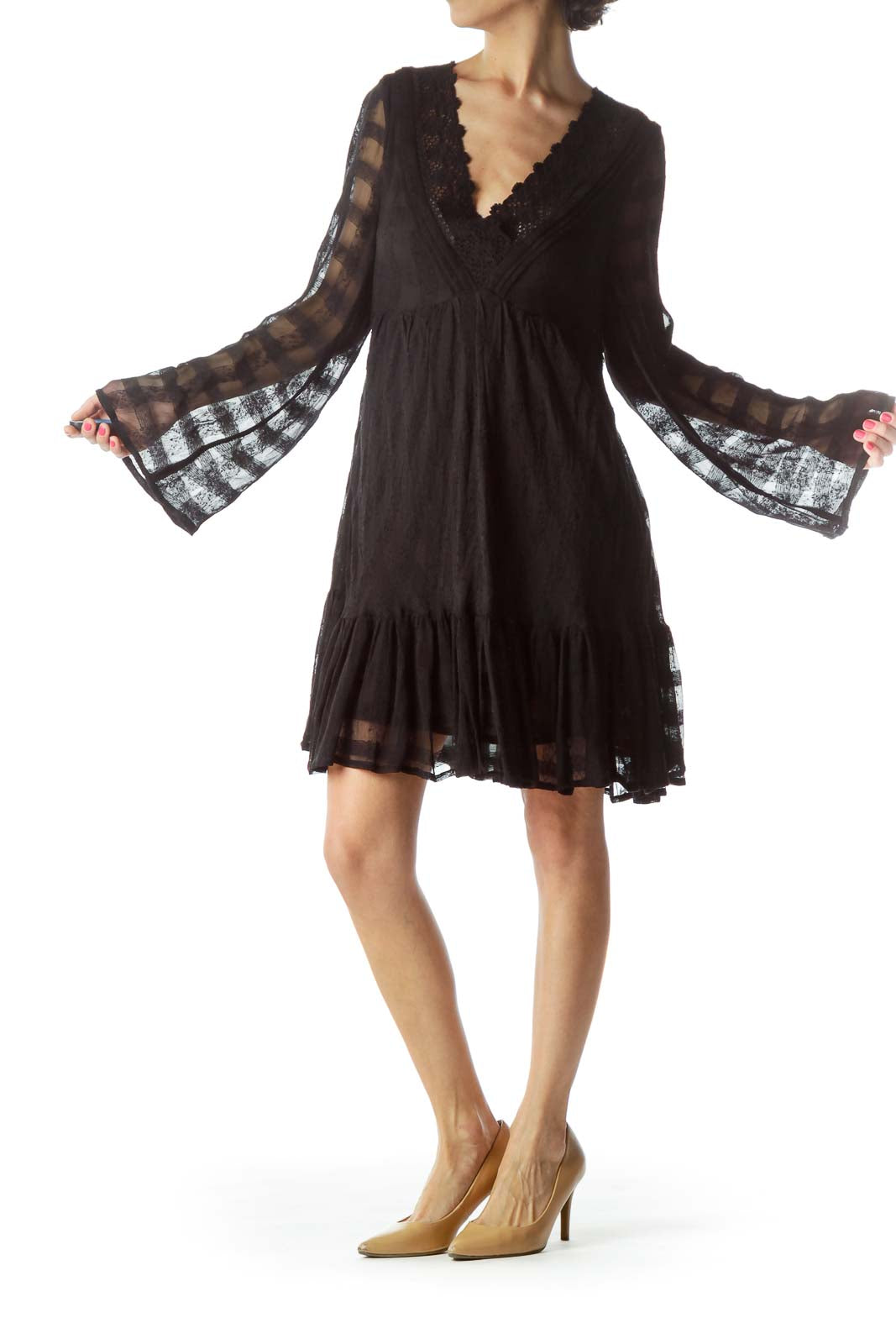 Front view of Free People black lace mini dress with bell sleeves