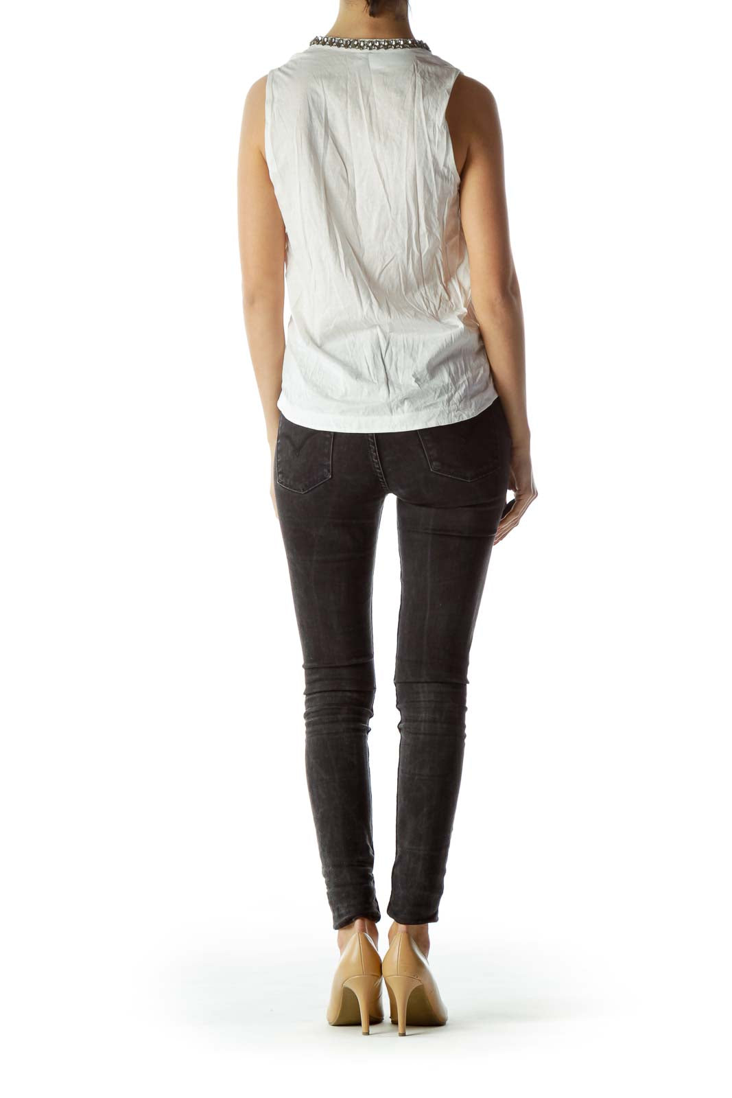 Back view of J.Crew white sleeveless blouse showing relaxed fit