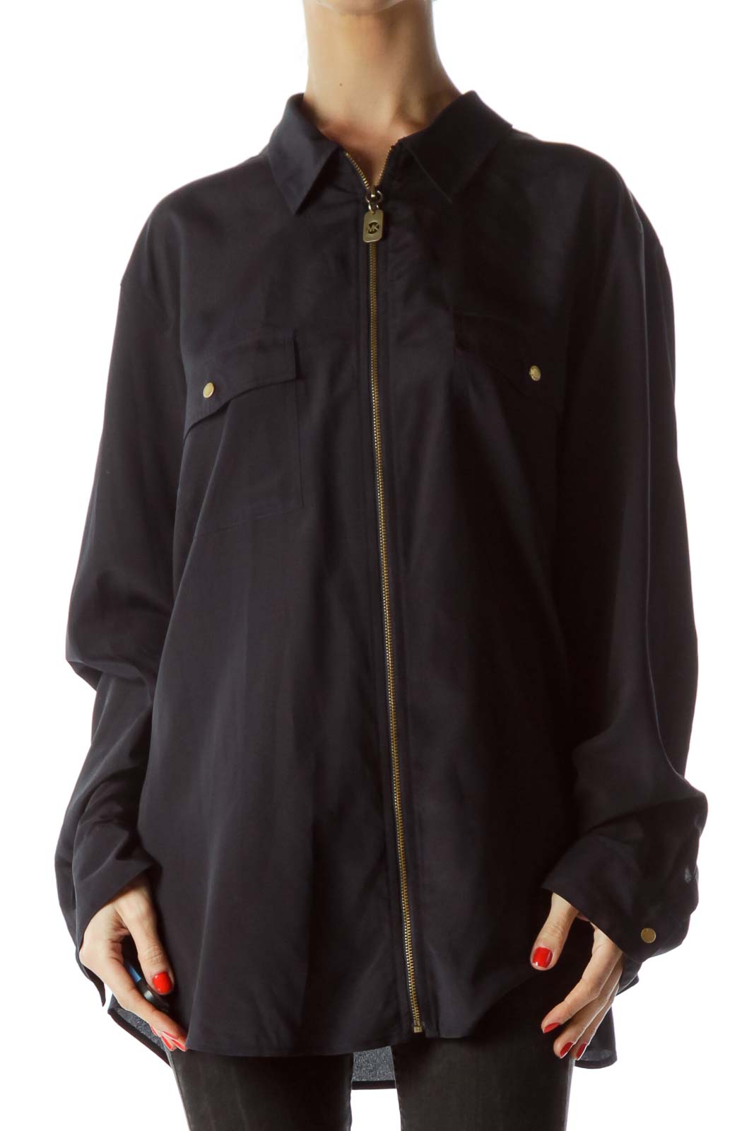 Black Gold Metallic Accents Zippered Shirt