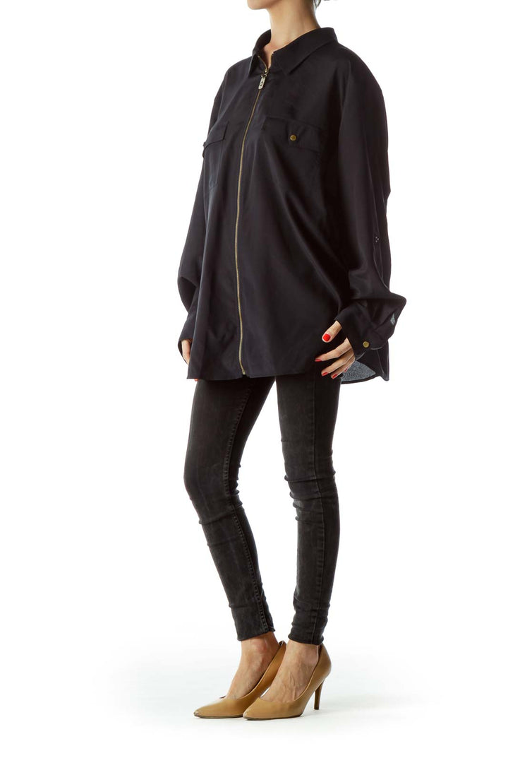 Black Gold Metallic Accents Zippered Shirt