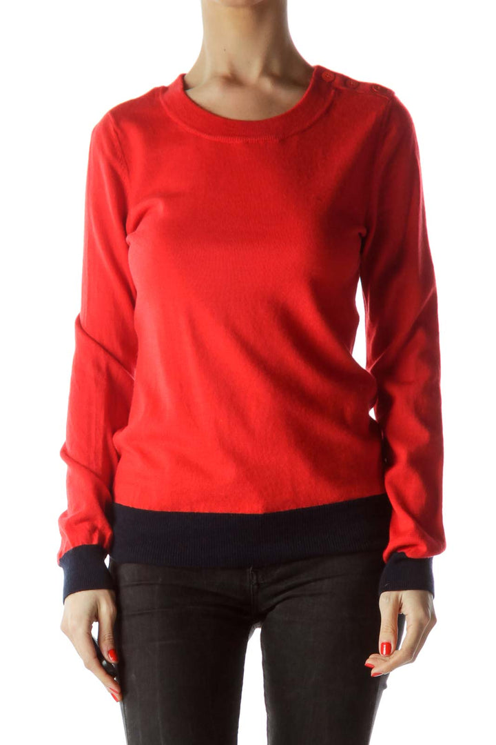Red Navy Blue Neck Buttoned Sweater