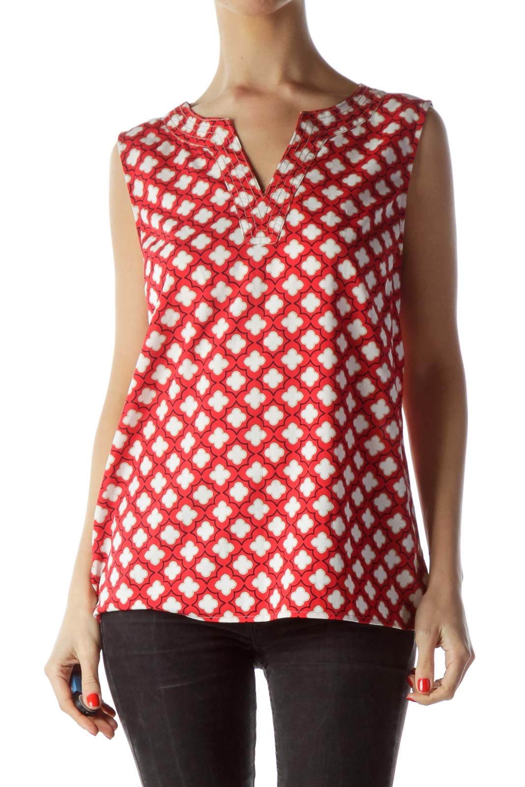 Red Cream Black Print Sleeveless Shift Blouse