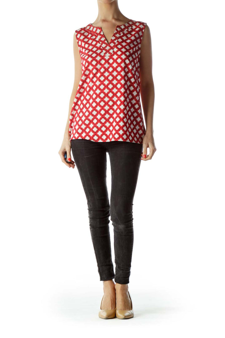 Red Cream Black Print Sleeveless Shift Blouse