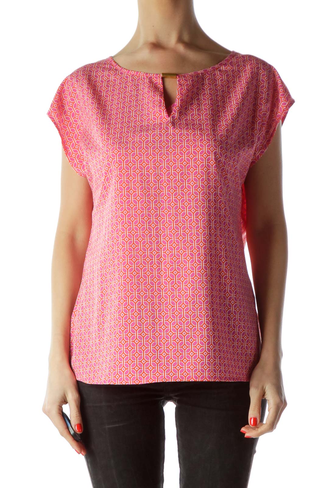 Pink Orange White Print Front Metal Accent Top