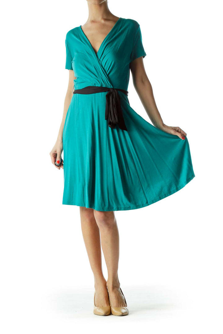 Turquoise V-Neck Jersey Dress