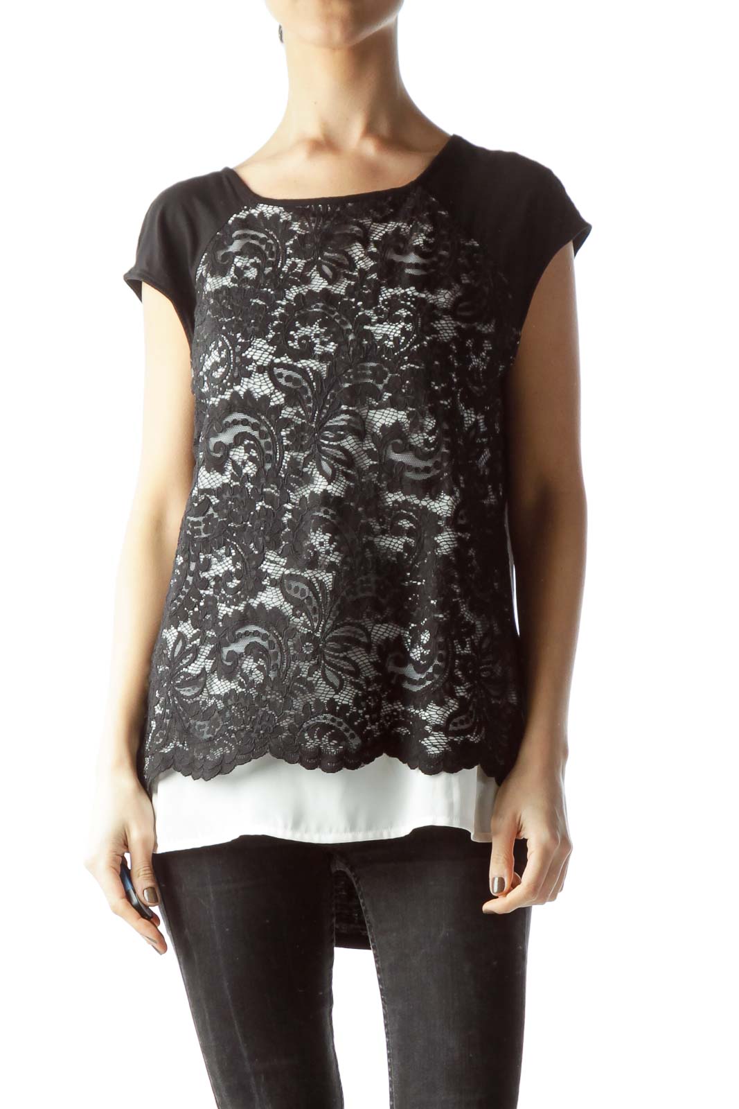 Black White Lace Front Mixed Media Flared Blouse