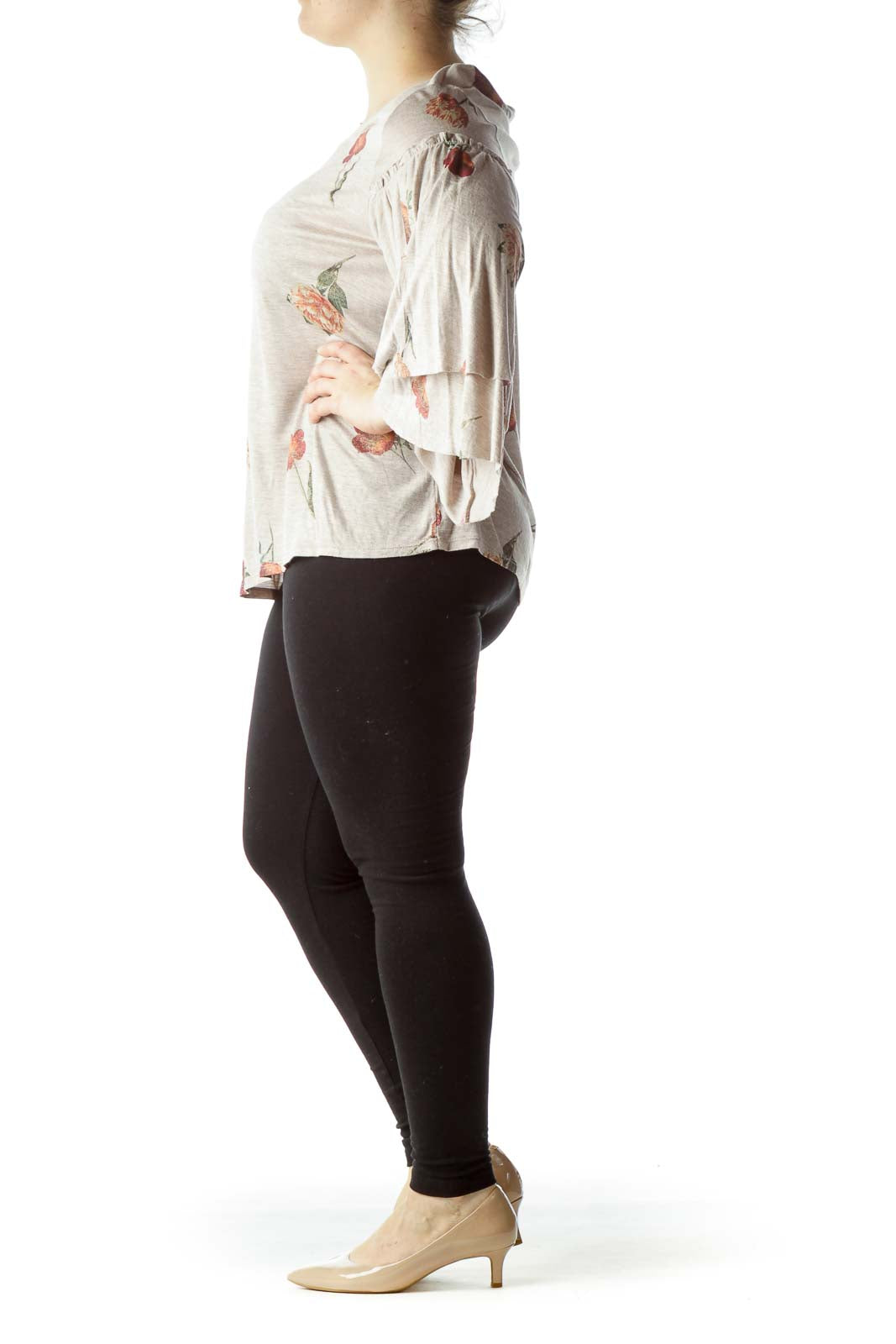 Front view of Lucky Brand beige floral top with bell sleeves
