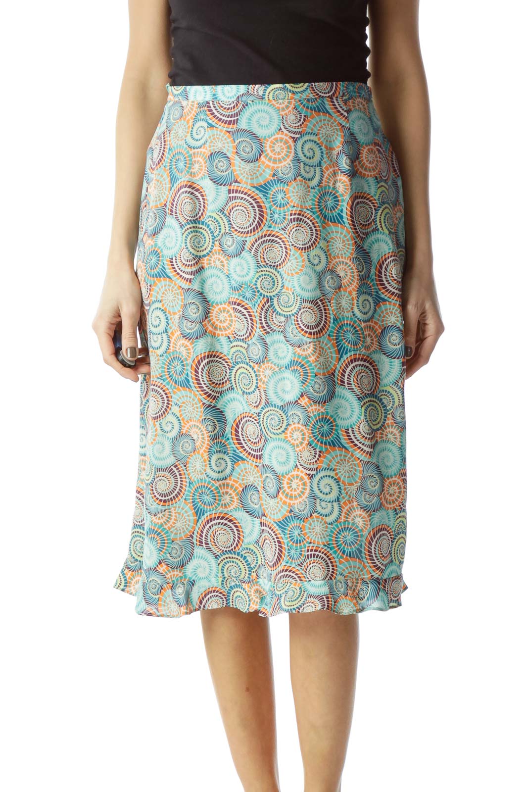 Multicolored Geometric Print 100% Silk Flared Skirt