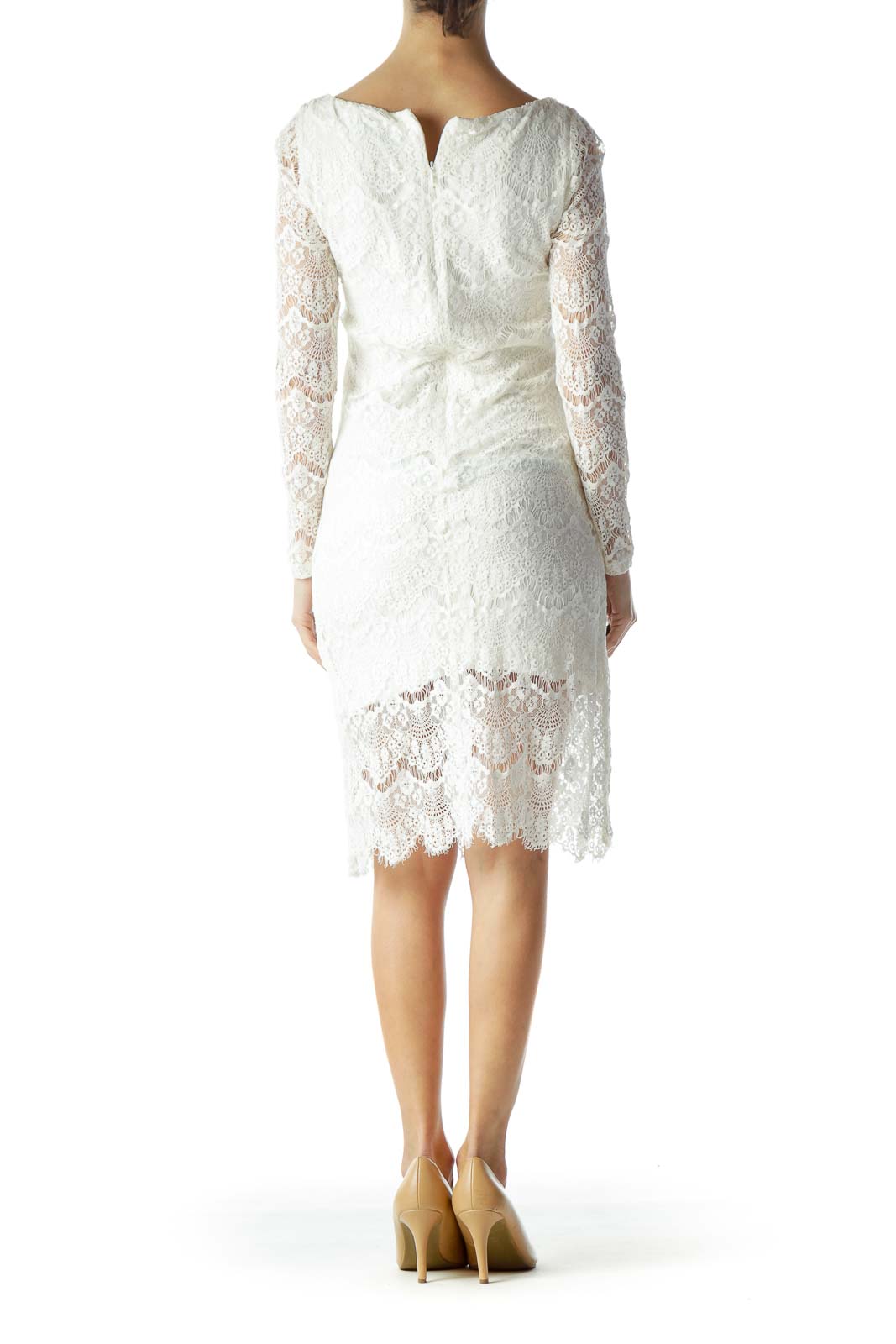 Back view of white lace long sleeve midi dress by BLAQUE LABEL showing hidden zipper closure