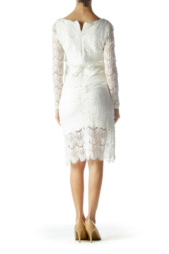 Back view of white lace long sleeve midi dress by BLAQUE LABEL showing hidden zipper closure