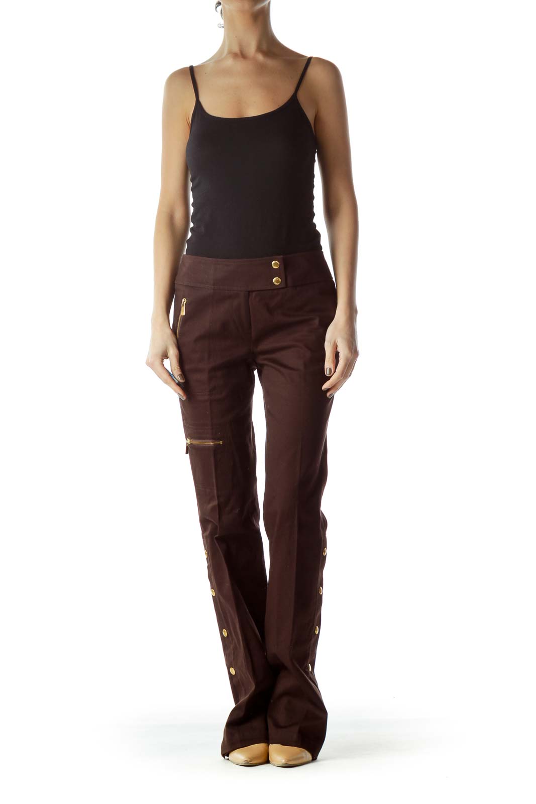 Brown Gold Hardware Zippered Straight-Leg Pants