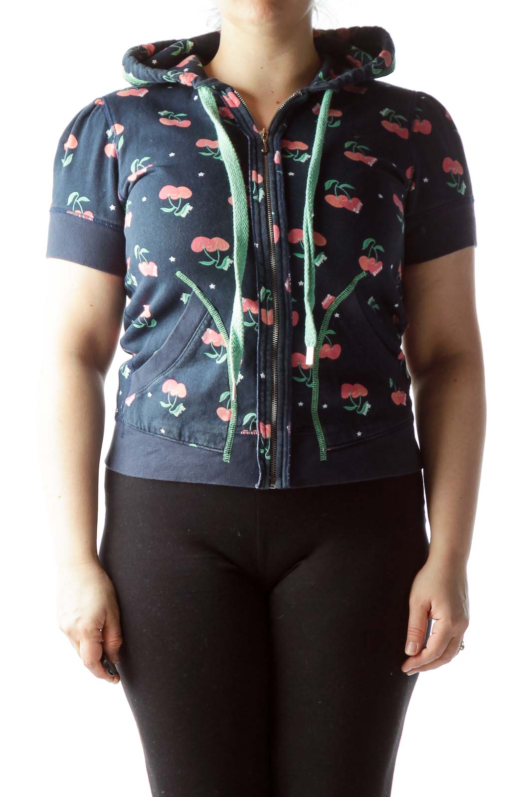 Navy Blue Cherries Print Short Sleeve Hooded Jacket