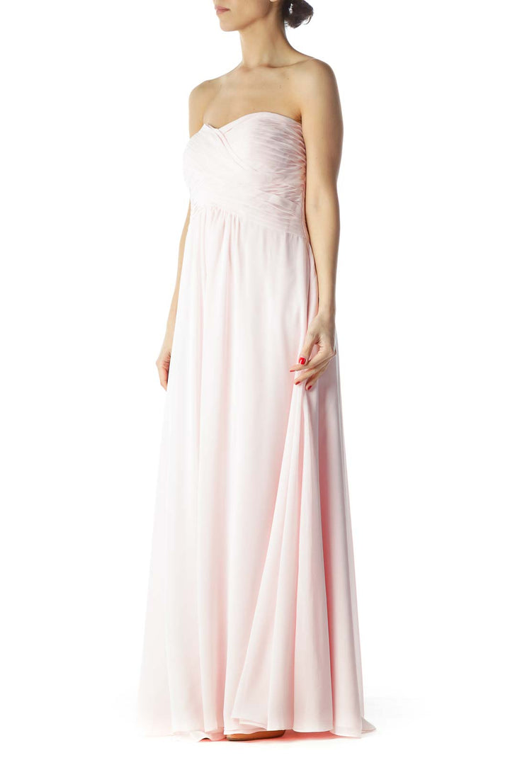 Front view of Bari Jay blush strapless maxi dress with ruched bodice