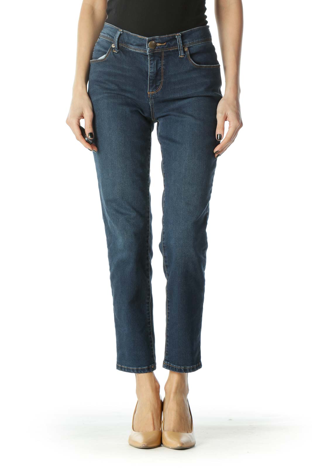 Front view of Free People blue straight leg jeans on model