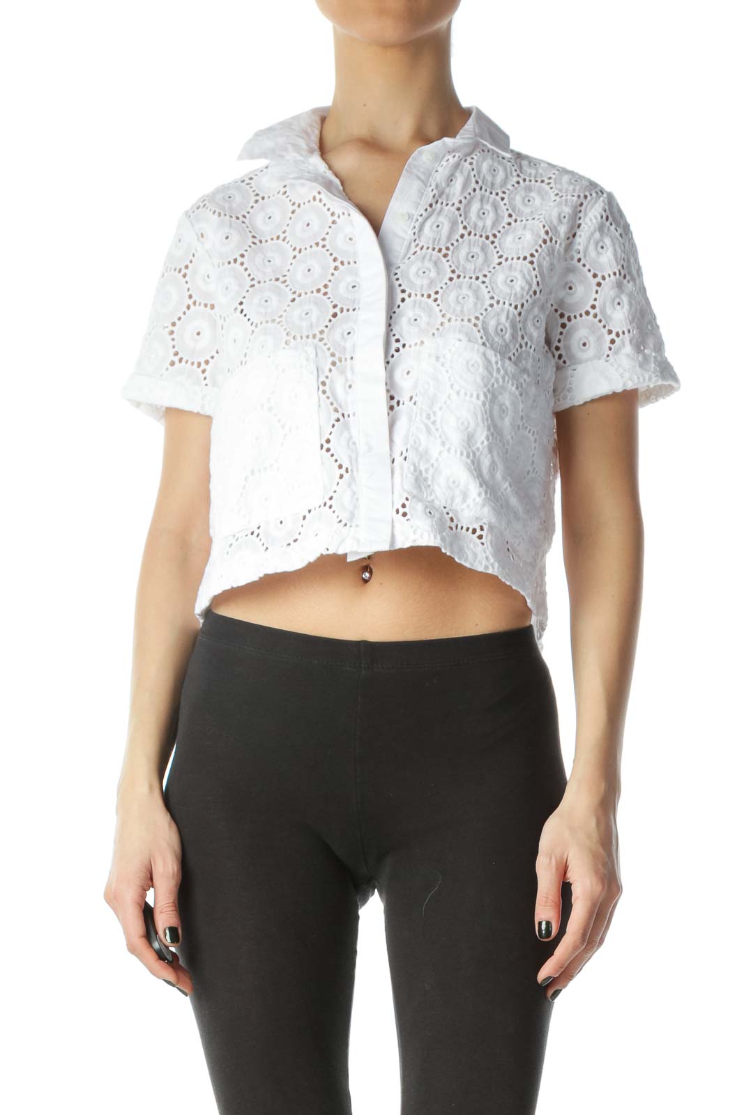 White Embroidered Pocket Cropped Blouse
