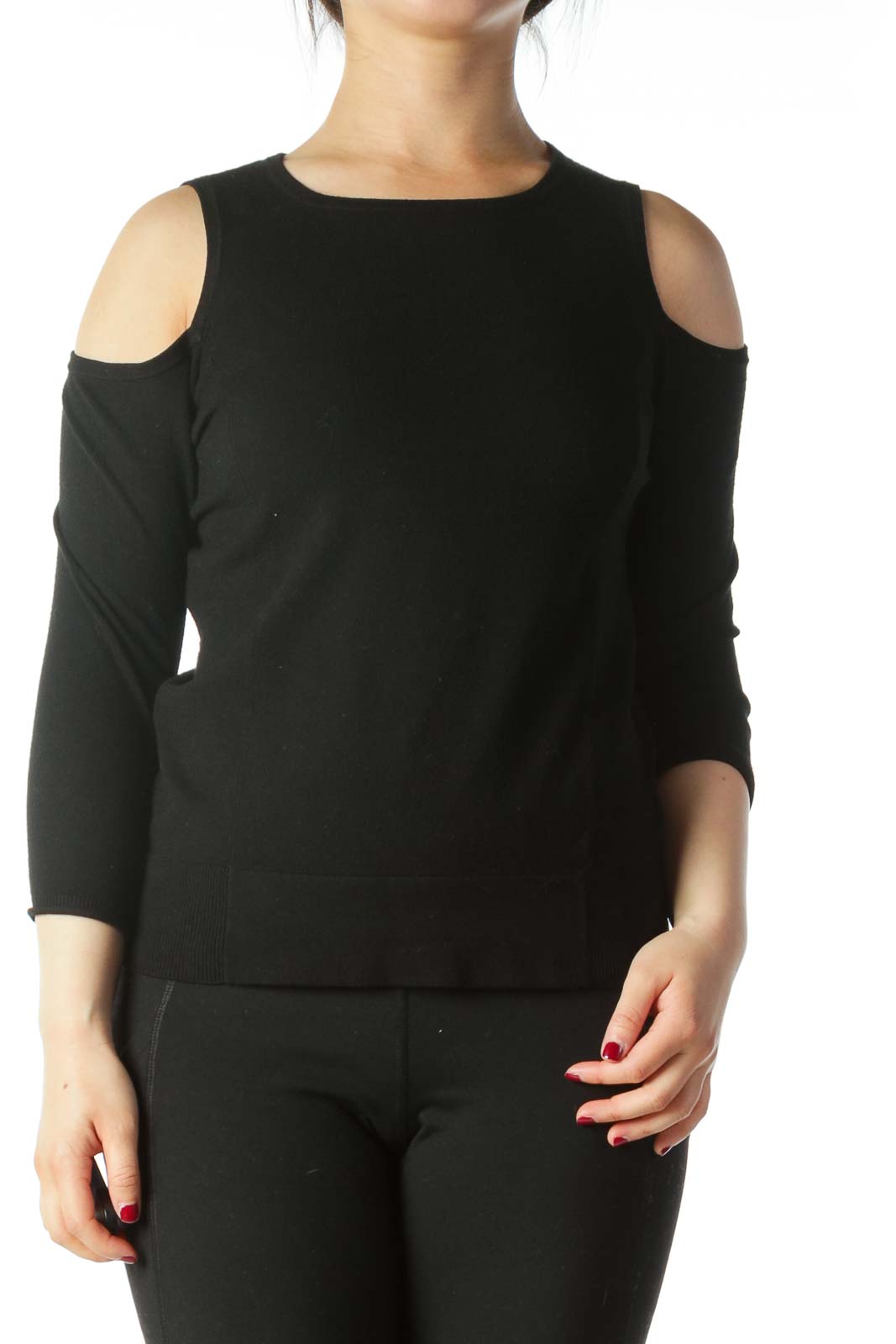 Black Cold-Shoulder Stretch 3/4 Sleeve Knit Top