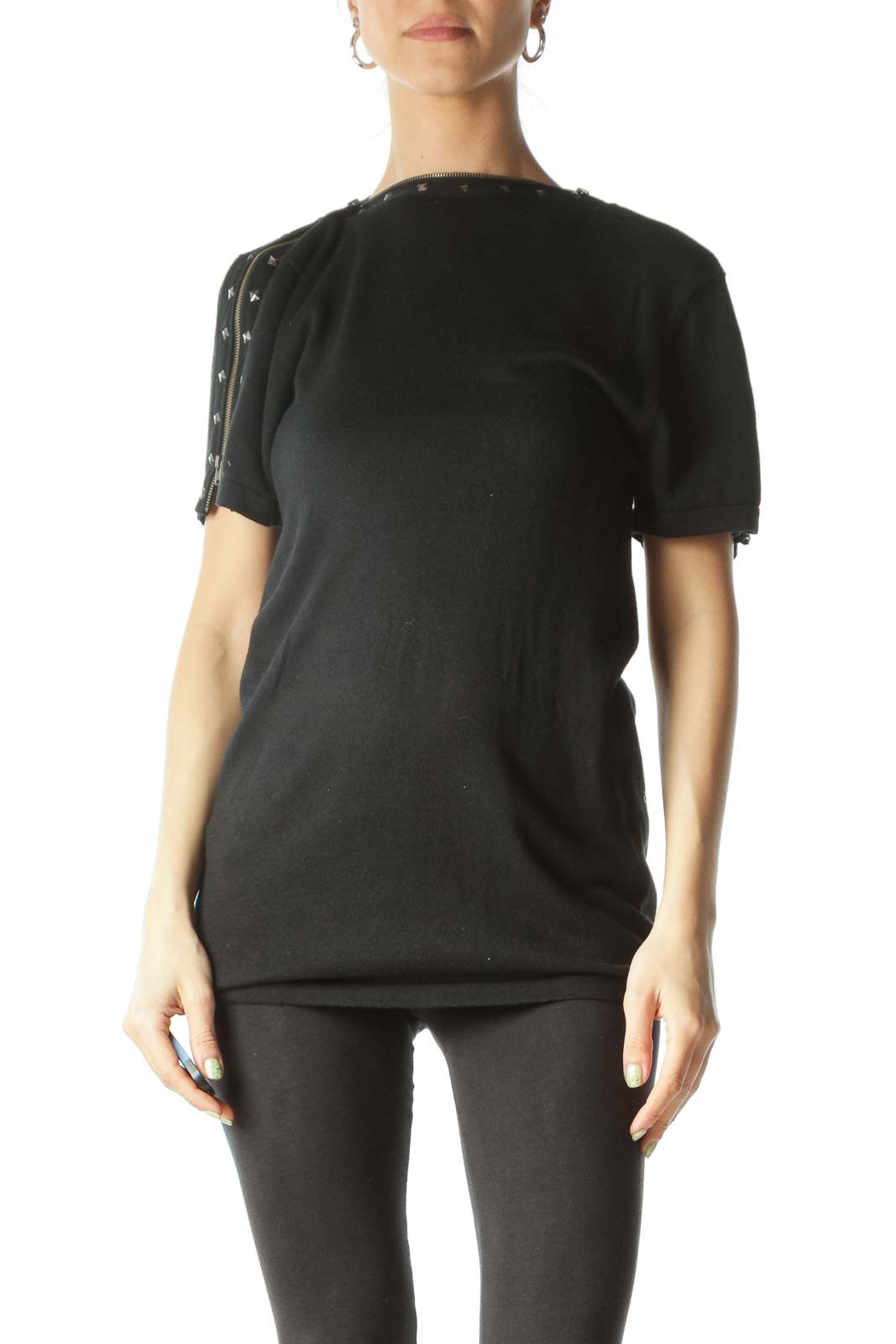 Black Shoulder Zippered Studded Tunic Top