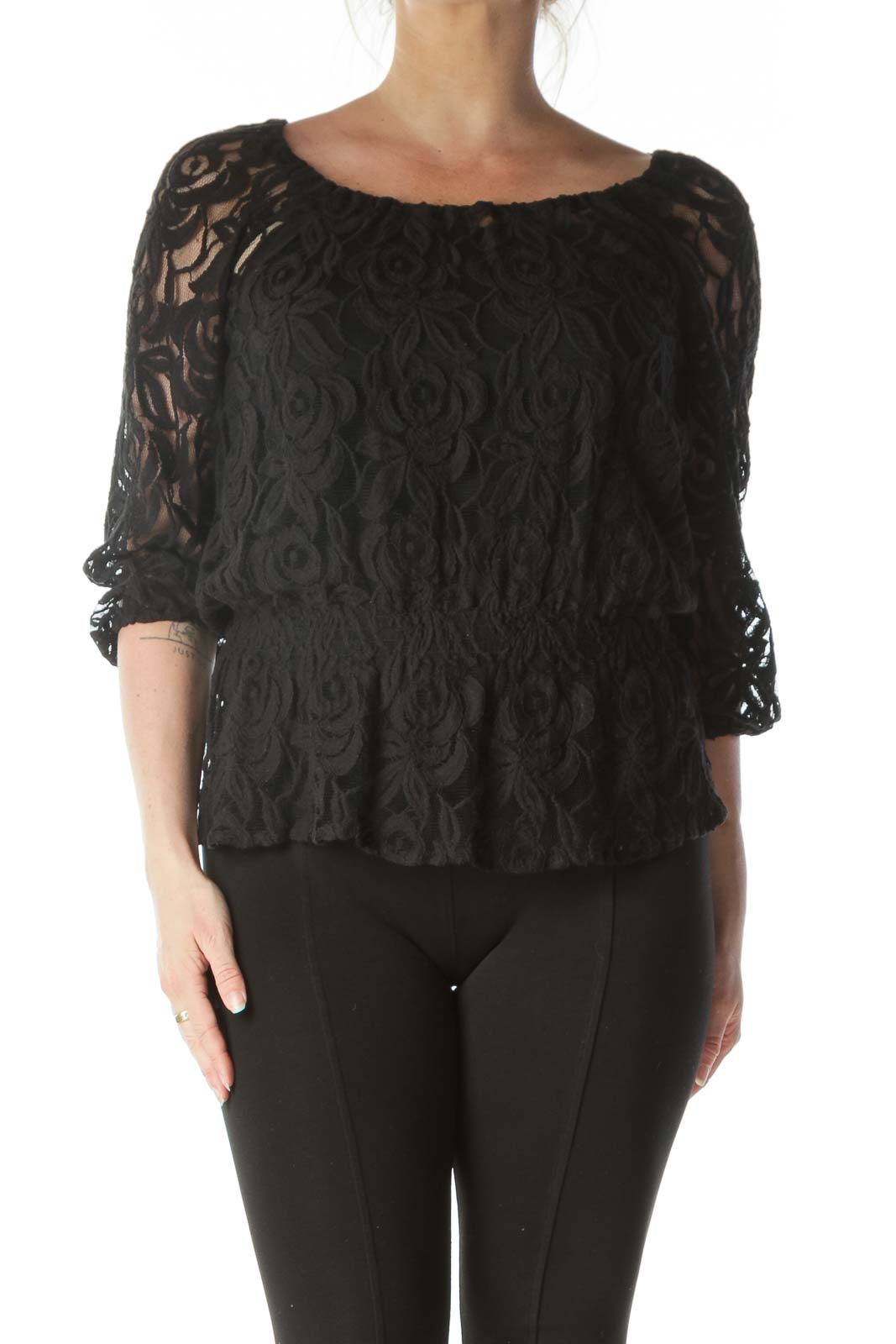 Black Sheer Lacey Round Neck Shirt