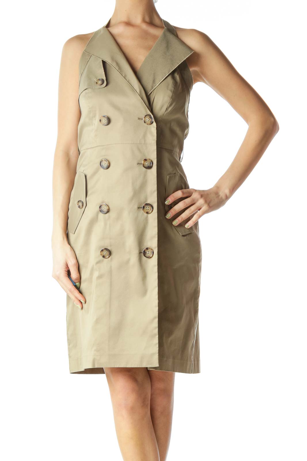 Beige Double Breasted Halter Dress