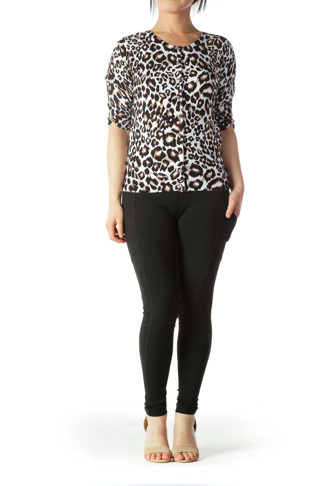 Black White Brown Animal Print Buttoned Sweater