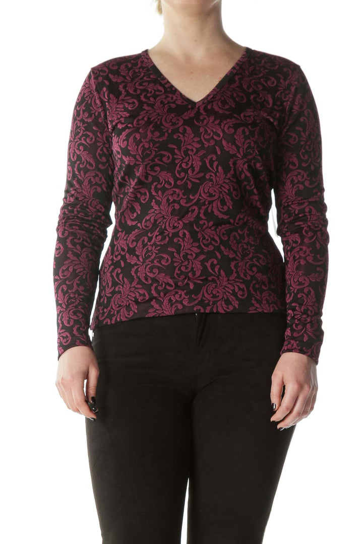 Black Purple Textured-Print V-Neck Top