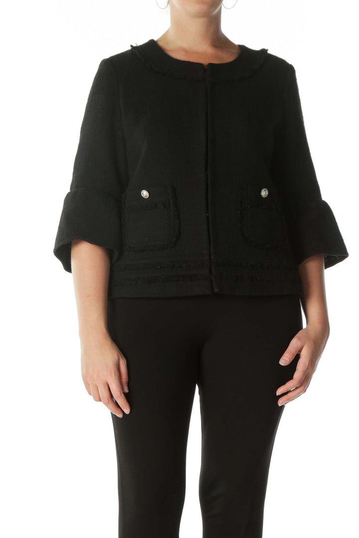 Black Hooks-Closure 3/4-Sleeve Raw-Hem Blazer
