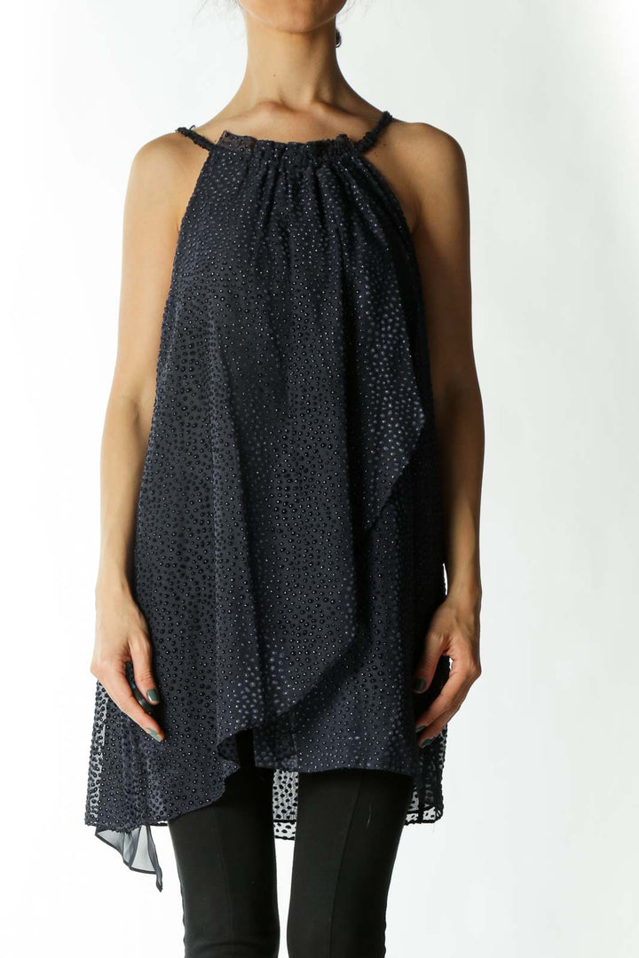 Navy High-Neck Velvet-Printed Neck-Tie Blouse