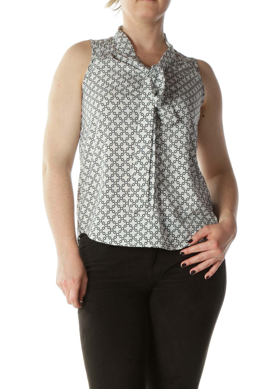 White and Black Chain Patterned Sleeveless Blouse with Neck-Tie