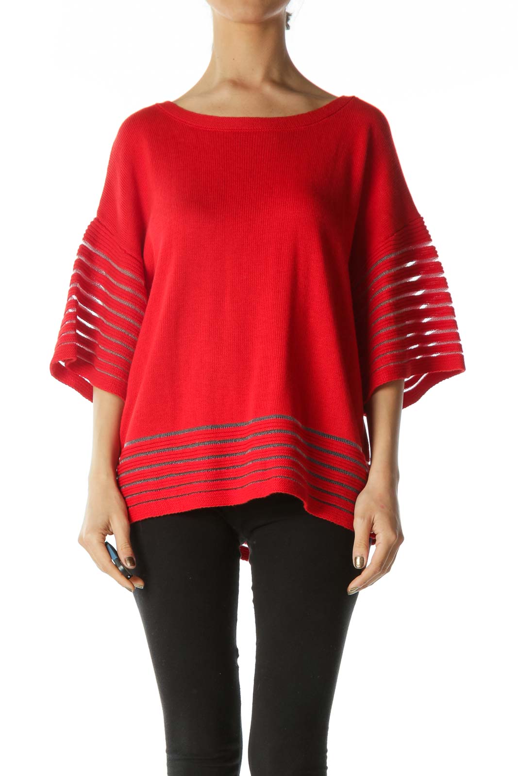 Bright Red Over-Sized Short-Sleeve Knit With Lace Contrast on Hem