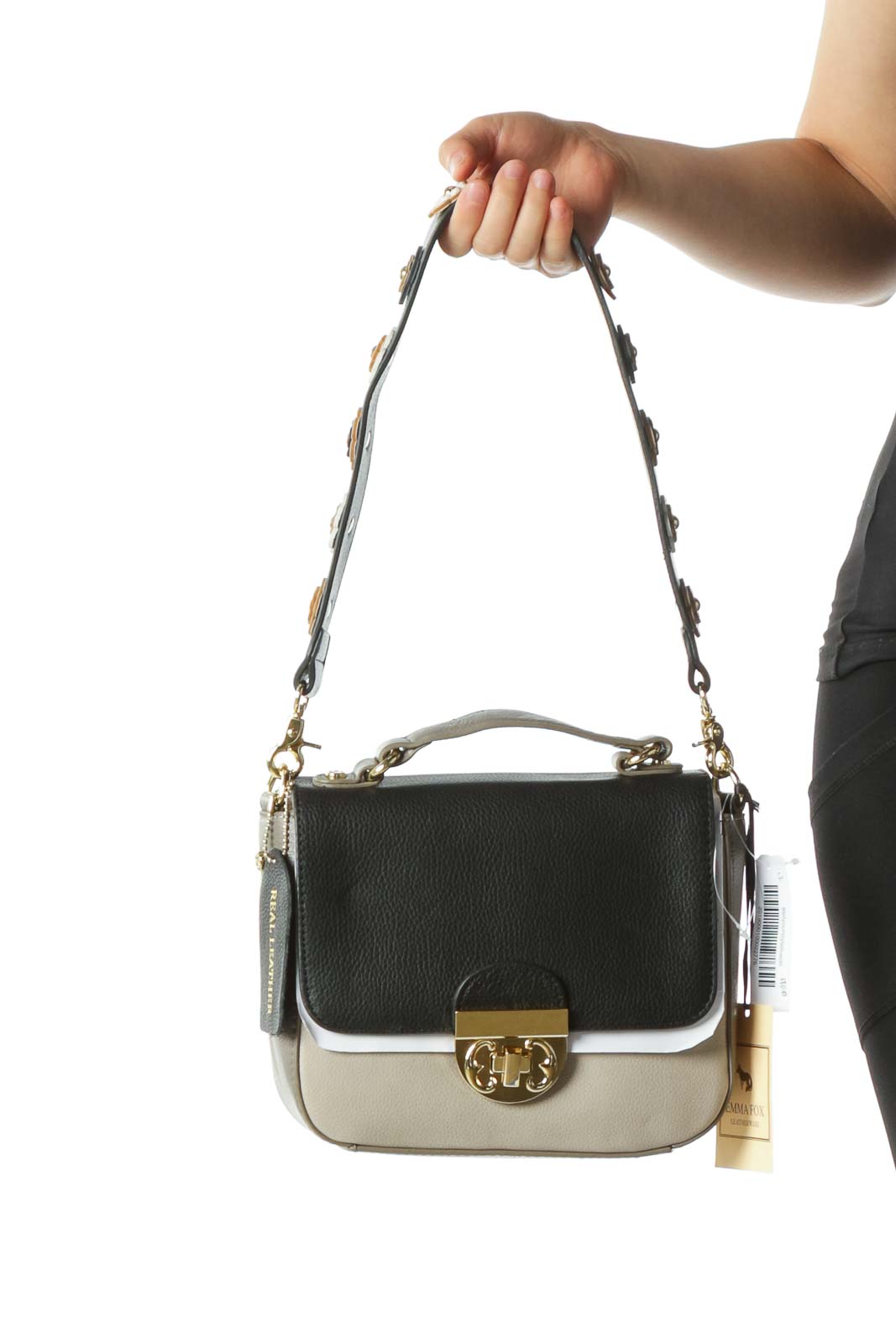 Black and Beige Leather Twist-Clasp Floral-Embellished Shoulder Strap Leather Handbag