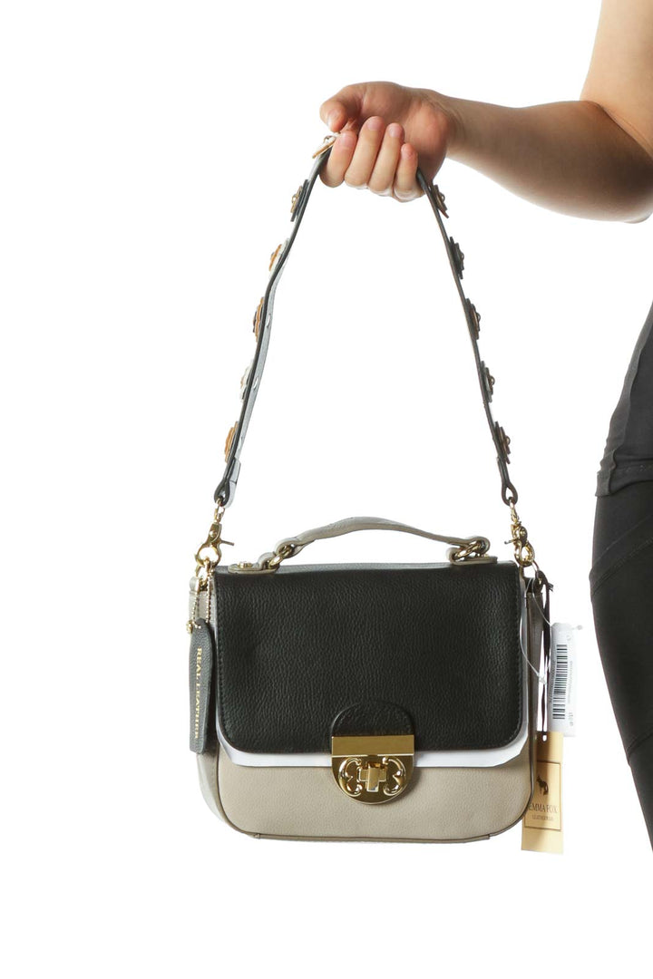 Black and Beige Leather Twist-Clasp Floral-Embellished Shoulder Strap Leather Handbag