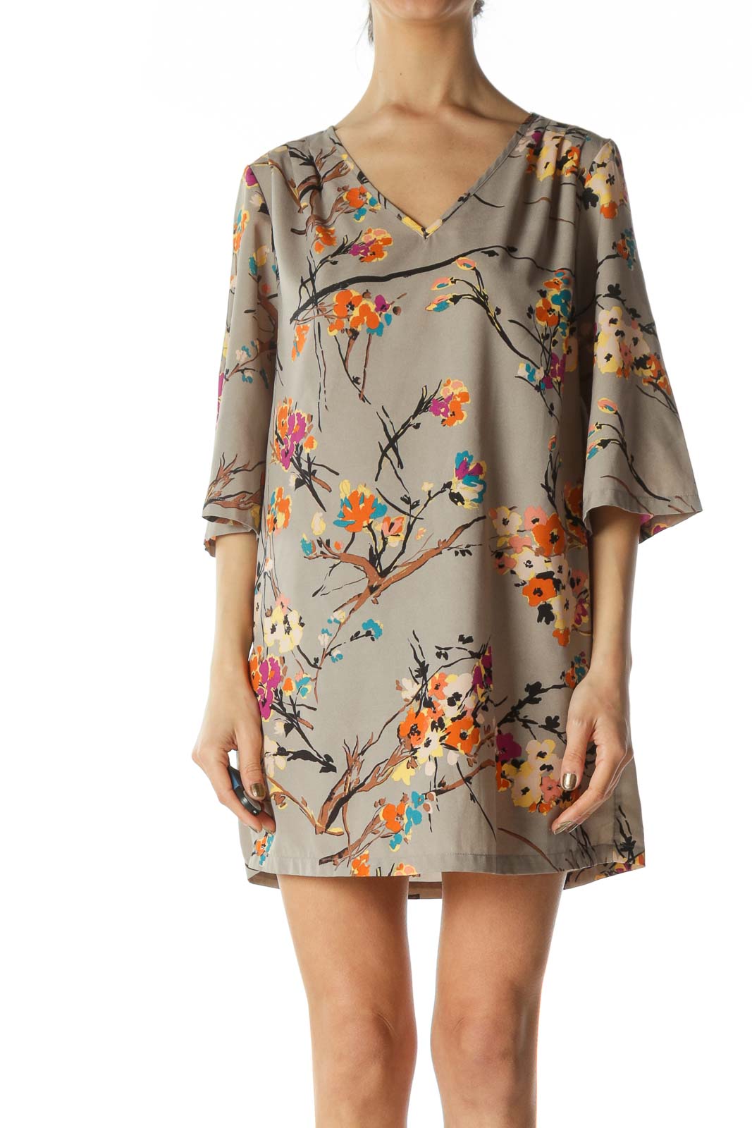 Multicolored Flared-3/4 Sleeves Floral-Print Day Dress