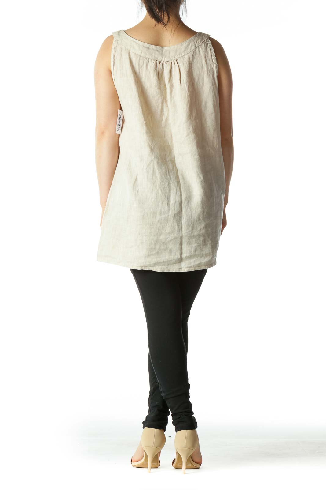 Beige Crochet Lace-Up Sleeveless Linen Blouse