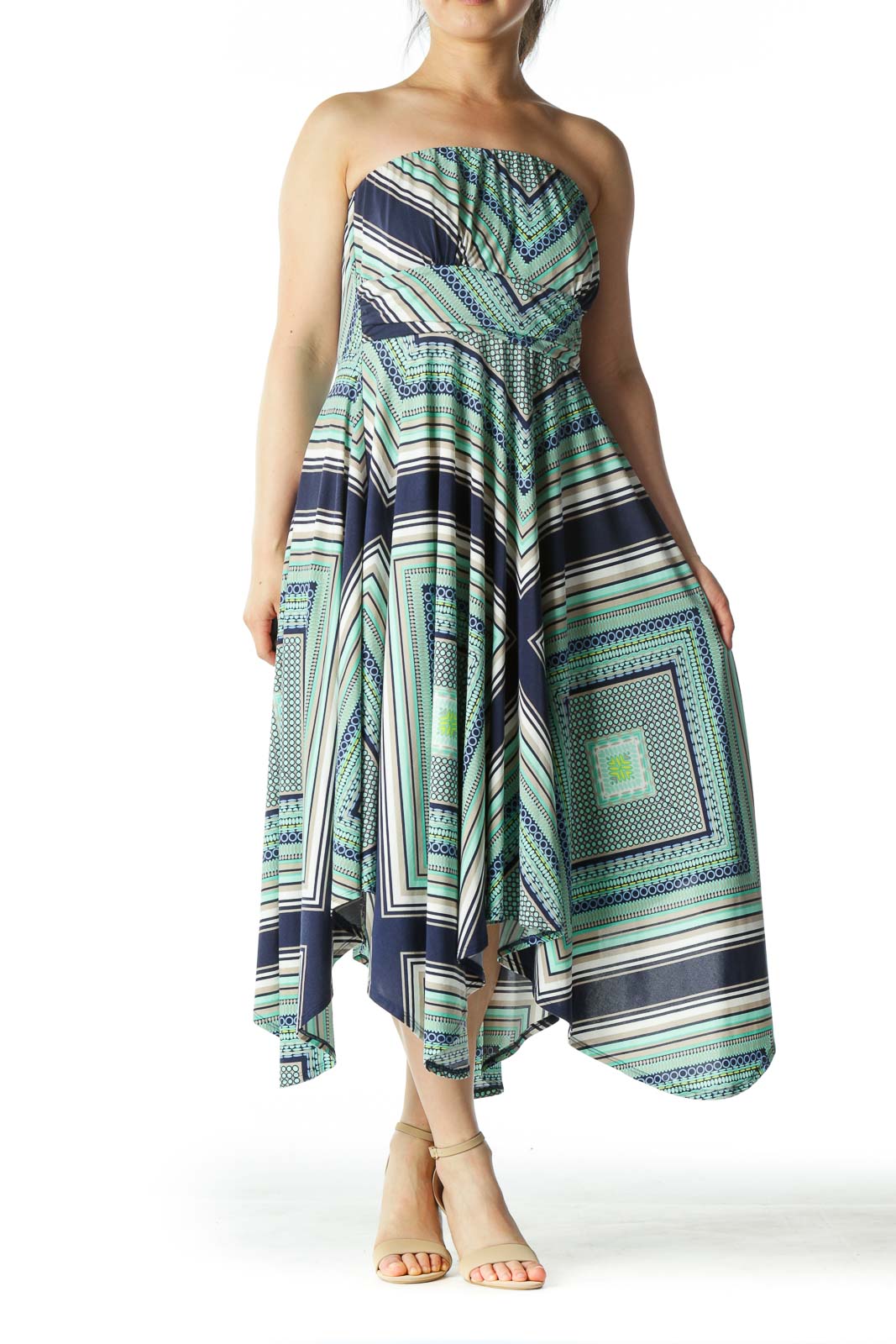 Blue and Green Patterned Strapless Dress