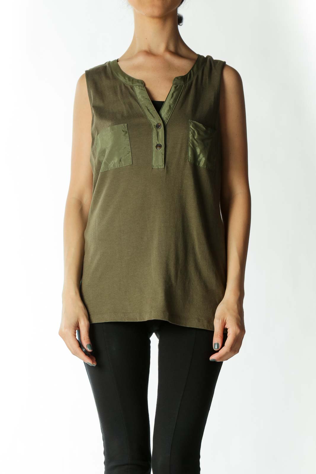 Olive Tank with Faux-Satin Breast Pockets and Piping