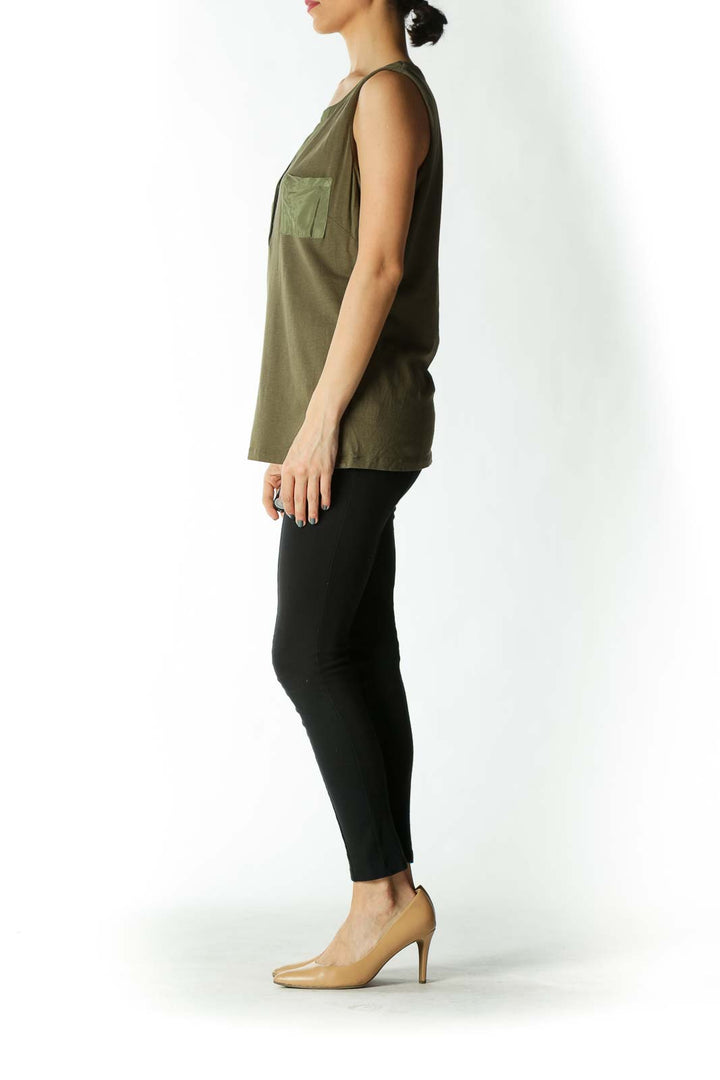 Olive Tank with Faux-Satin Breast Pockets and Piping