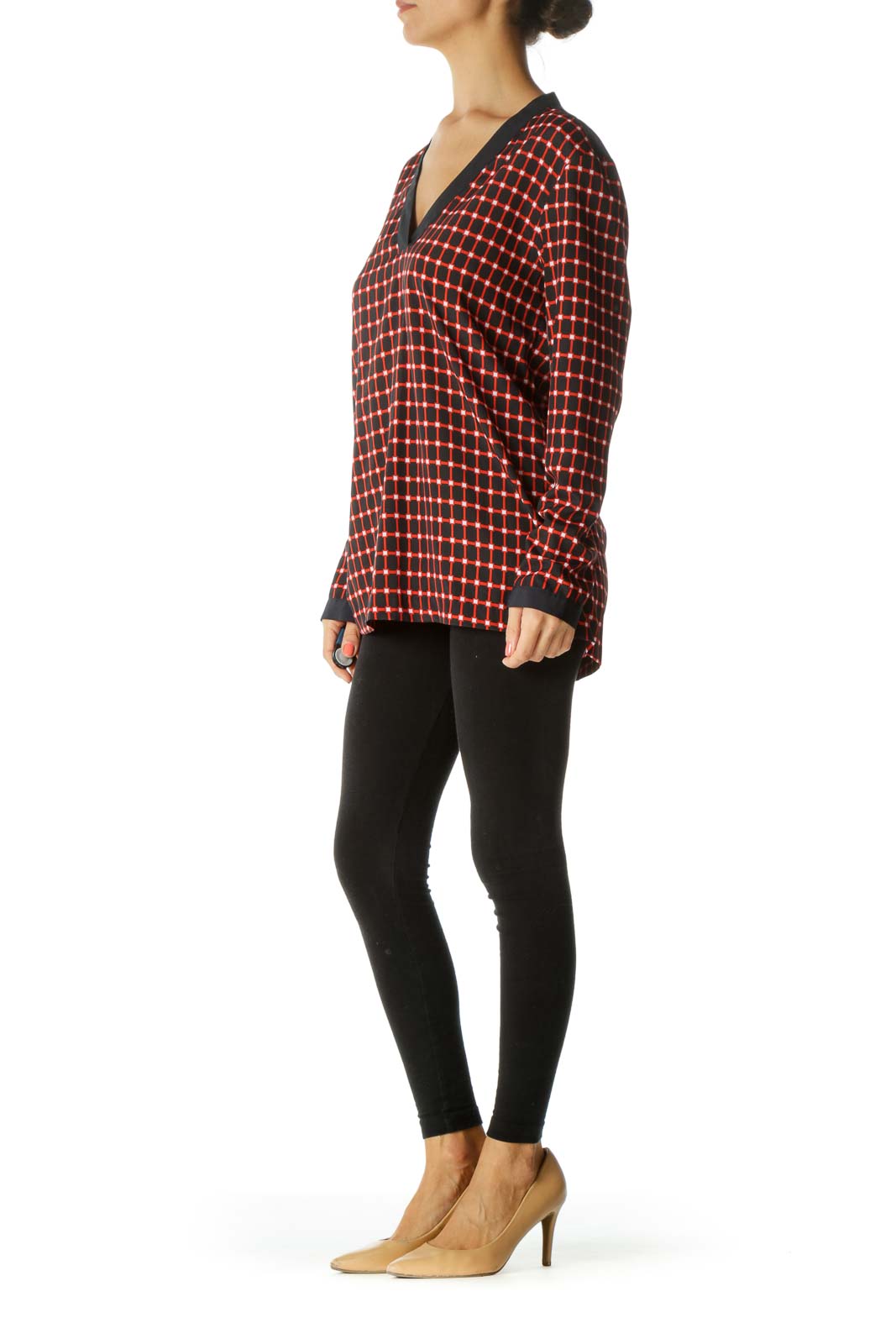 Navy and Red Printed V-Neck Blouse