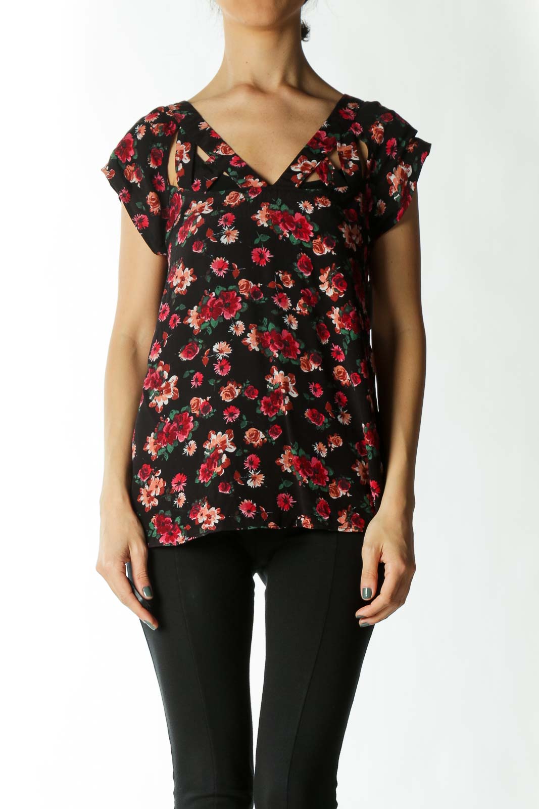 Black Red and Green Floral Cap-Sleeve Blouse with Cut-Out Collar Detailing