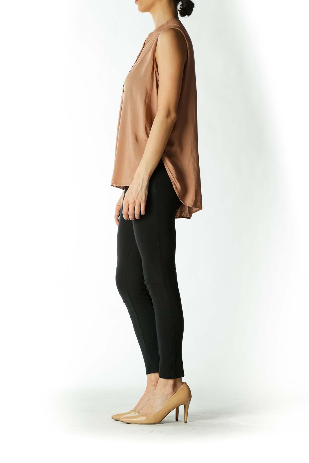 Tan Sleeveless Button-Down Mandarin-Collar Blouse