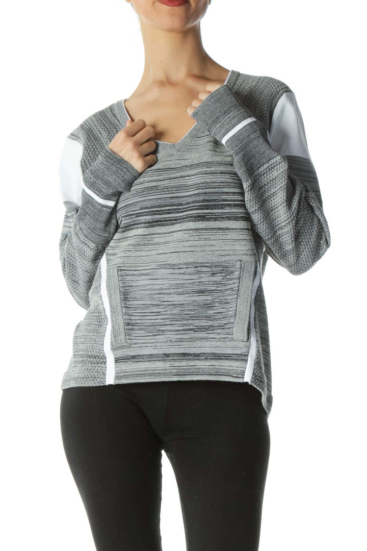 Gray/White V-Neck Knitted Front-Pocket Pullover Sweater